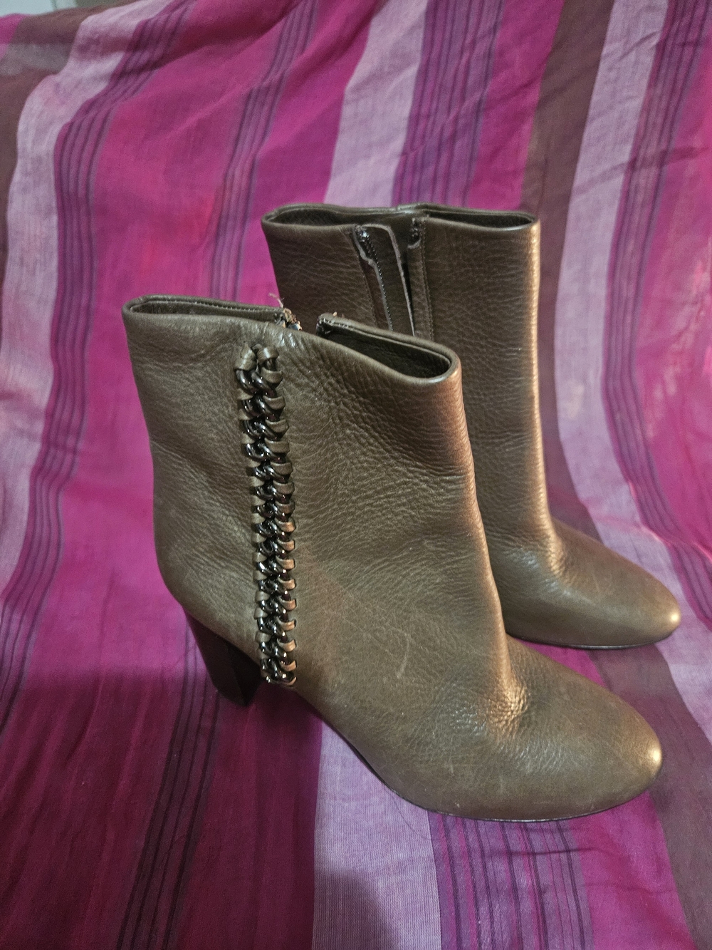 Coach Taupe Leather Heeled Ankle Boots with Chain Trim
